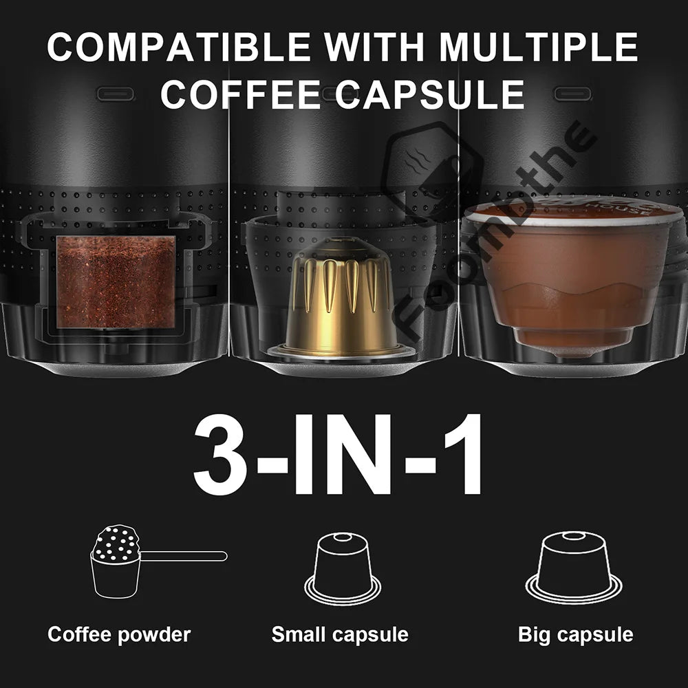 Cafeteira Portátil Elétrica Sem Fio – Prepara Espresso em Casa, no Carro ou no Camping, Compatível com Cápsulas e Pó, Modelo 3 em 1 para Viagens.