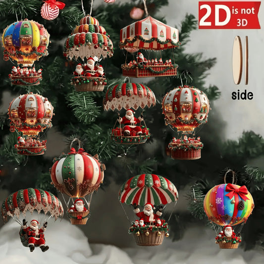Kit 10 Pendentes de Madeira Natalinos — Balão e Papai Noel para Decoração da Árvore