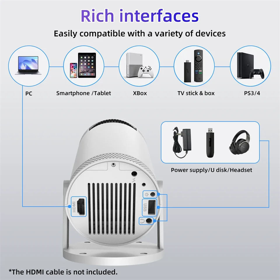 Projetor Portátil para Home Theater – Android 11, 260 ANSI, Resolução 1280×720p, Suporte a 4K, Bluetooth 5.0.