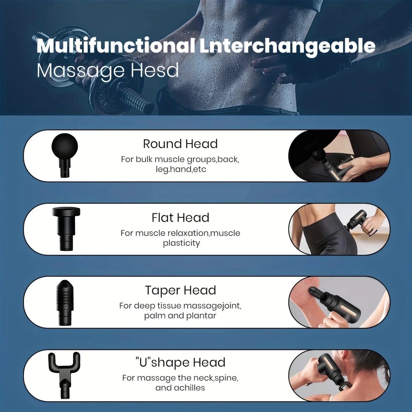 Pistola de Massagem Elétrica Portátil – Massageador Corporal com Tela LED e 4 Cabeças Substituíveis Touch Screen 4Replaceable Massage Head
