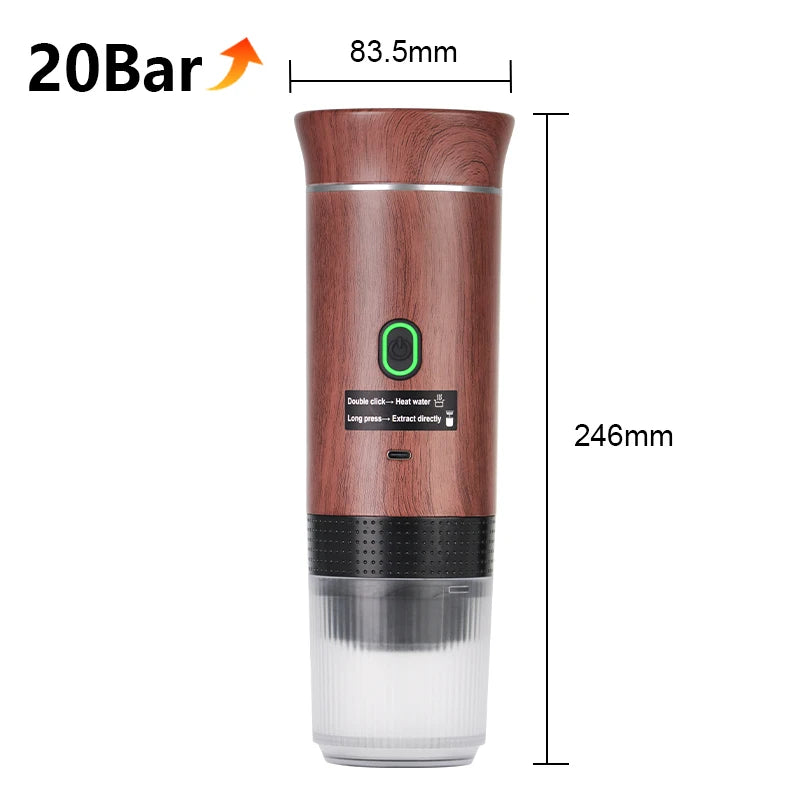 Cafeteira Portátil Elétrica Sem Fio – Prepara Espresso em Casa, no Carro ou no Camping, Compatível com Cápsulas e Pó, Modelo 3 em 1 para Viagens.